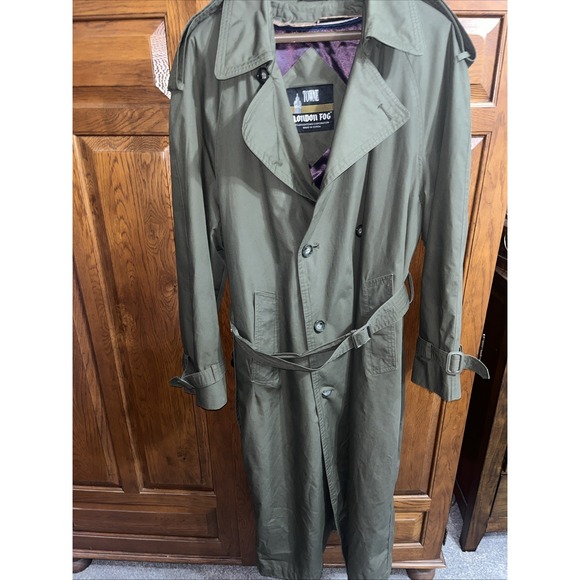 Vintage London Fog Towne Men's Lined Trench Coat 38  Olive Green Rain Coat - Picture 1 of 13